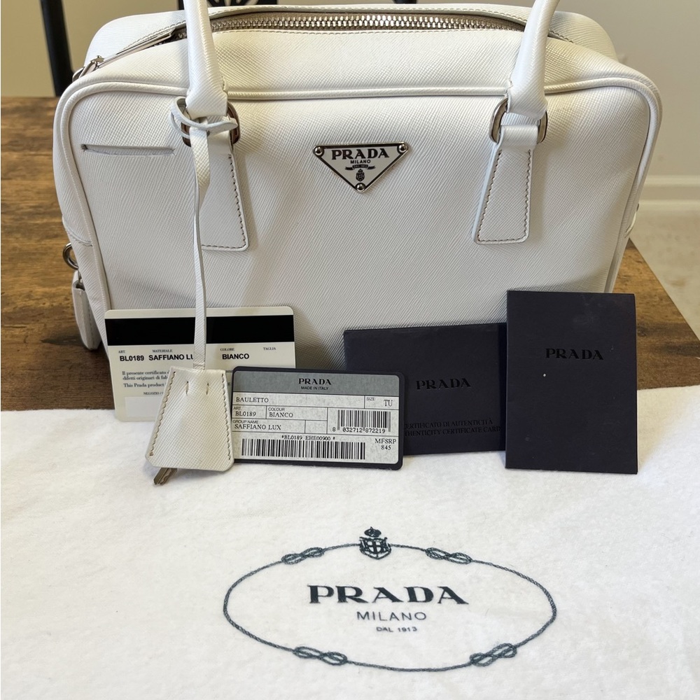 Prada White Saffiano Lux Leather Bowler Bag BL0189